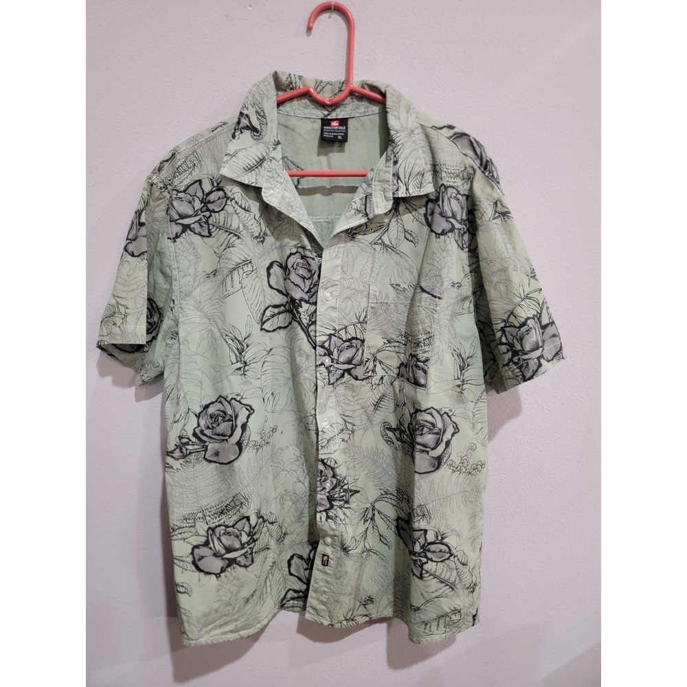 South Pole Men's XL Green Rose Sketch All Over Print Button Shirt Y2K Streetwear